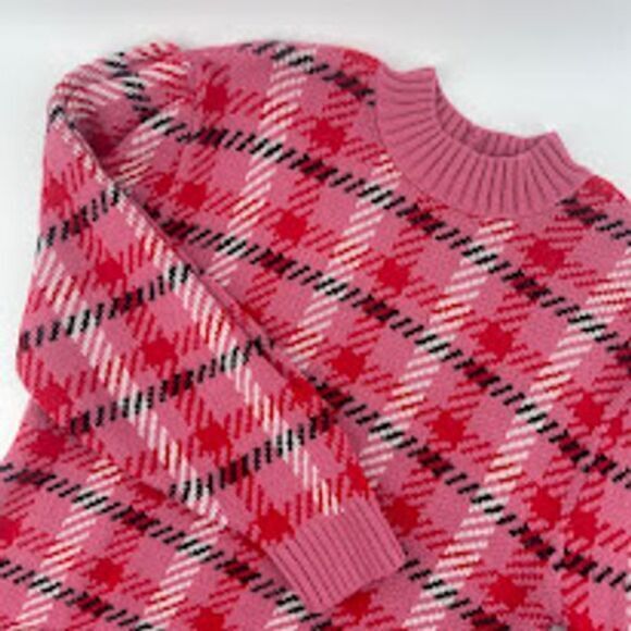ASOS‎ Pink Plaid Mock Neck Sweater Cozy Knit Pullover Women's Size 12 - Picture 1 of 6